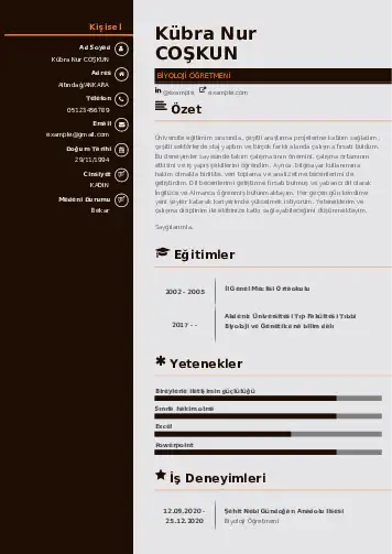 Biyoloji Öğretmeni CV Örnekleri cv indir